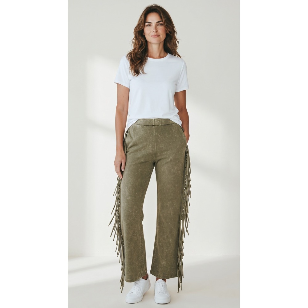 Lucky‎ & Blessed Olive Green Acid Wash Fringe Wide Leg Western Pants XL NWT
